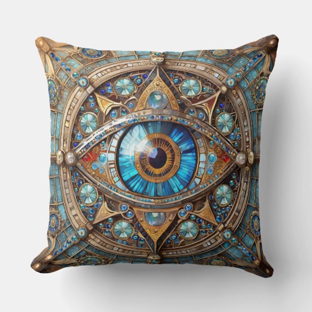 Drittes Auge - Türkisblau Gold Mandala Kissen (Vorderseite)