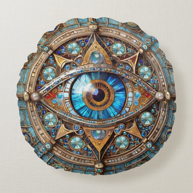 Drittes Auge - Türkisblau Gold Mandala Rundes Kissen (Vorderseite)