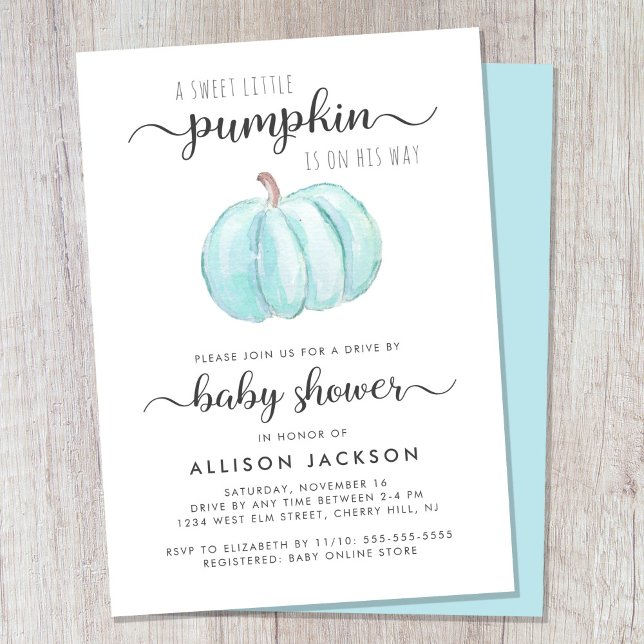 Drive by Baby Boy Dusche Blue Pumpkin Wasserfarbe Einladung (Celebrate the upcoming arrival of your autumn baby boy with a pumpkin-themed drive by baby shower)