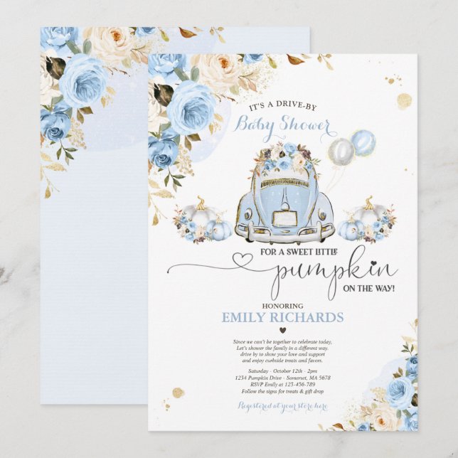 Drive by Baby Dusche Blue Floral Rose Pumpkin Einladung (Vorne/Hinten)