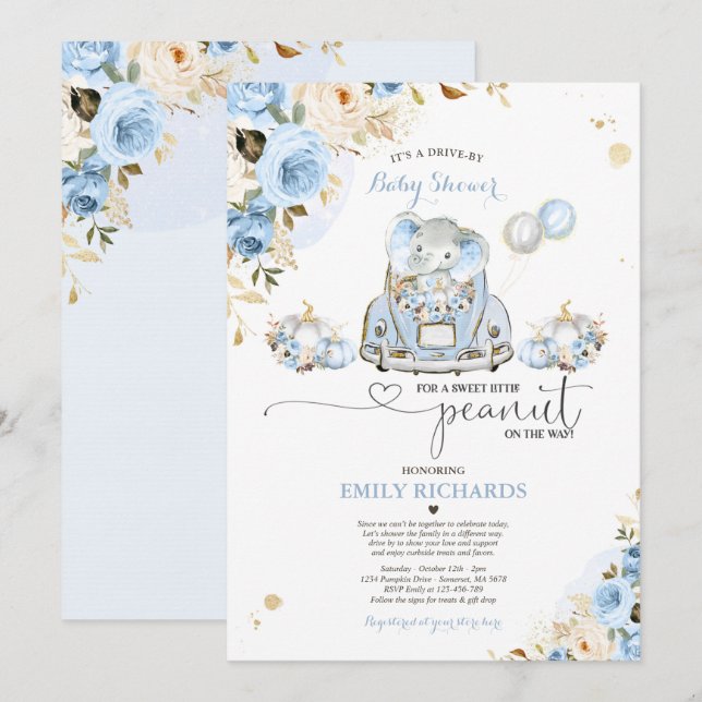 Drive by Baby Dusche Blue Rose Elephant Pumpkin Einladung (Vorne/Hinten)