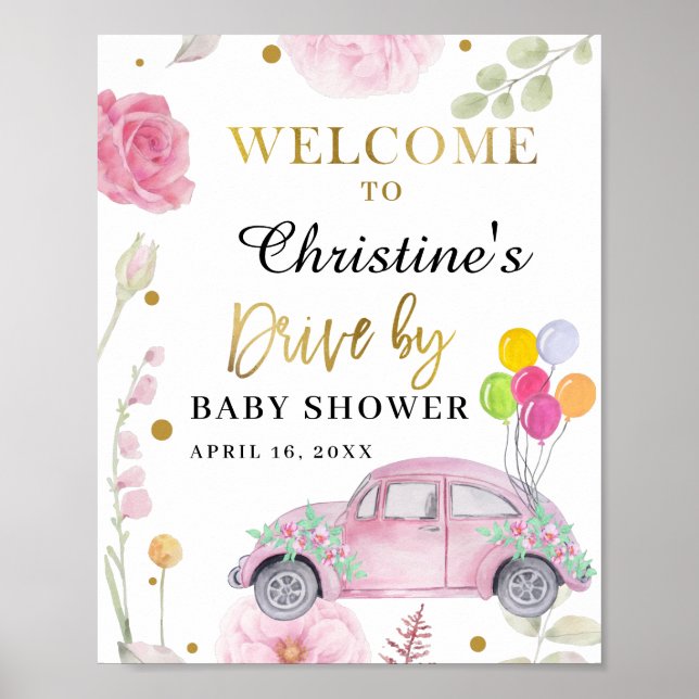 Drive by Baby Dusche Parade Rosa Blütenempfang Poster (Vorne)