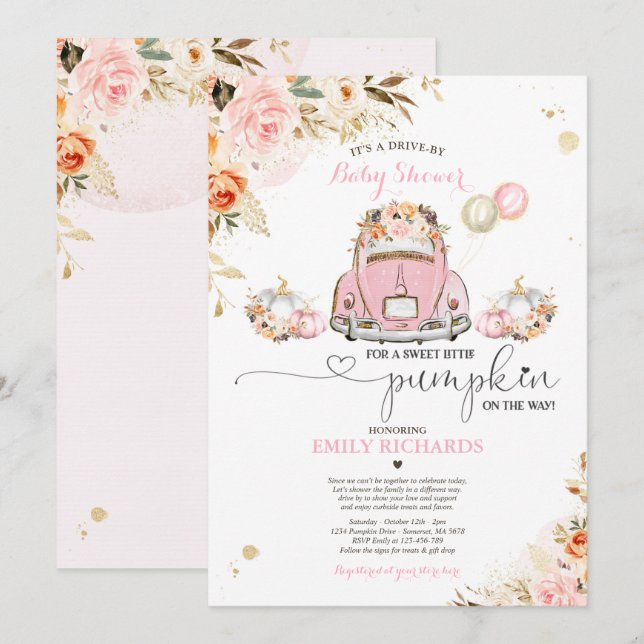 Drive by Baby Dusche Pink Gold Floral Pumpkin Einladung (Vorne/Hinten)