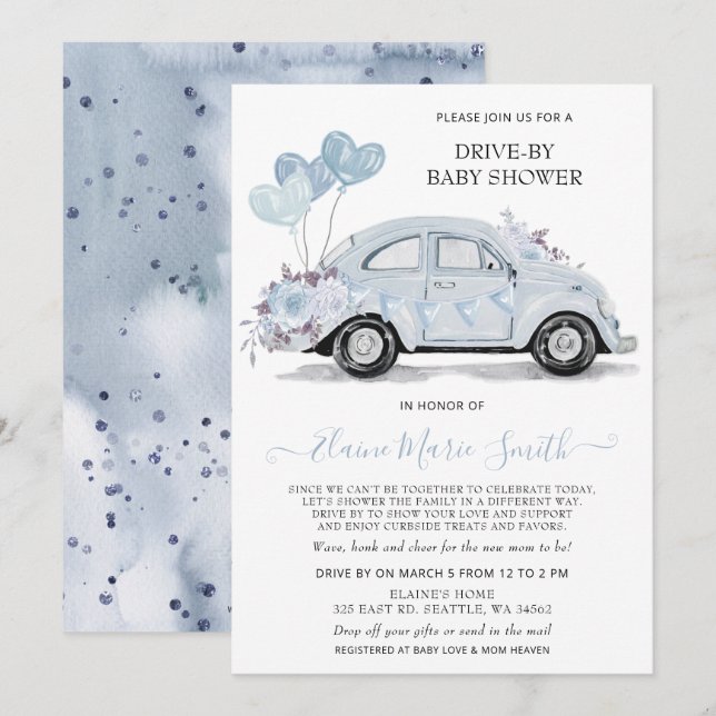 Drive by Baby Dusche Wasserfarbe Blumenwagen Einladung (Vorne/Hinten)