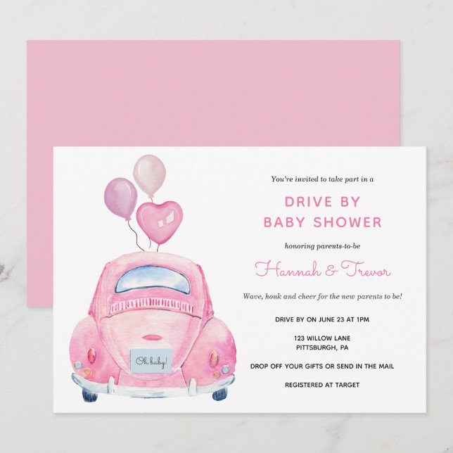 Drive by Baby Girl Dusche Einladung (Vorne/Hinten)