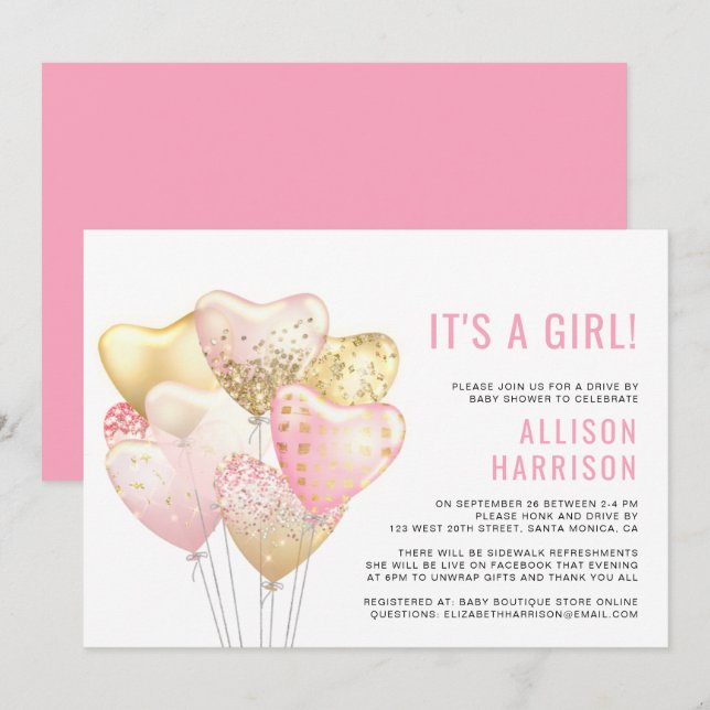 Drive By Baby Girl Dusche Rosa Glitzer Ballon Einladung (Vorne/Hinten)