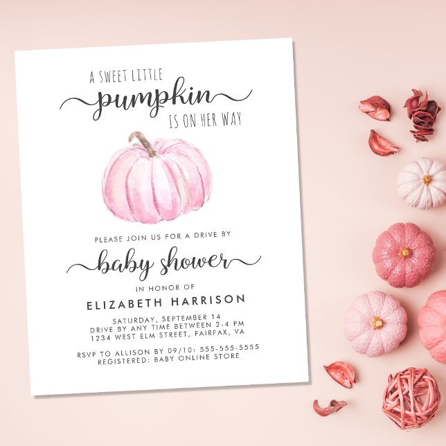 Drive by Baby Girl Duwer Pink Pumpkin Einladung (Celebrate the upcoming arrival of your sweet autumn baby with a pumpkin-themed drive by baby shower)