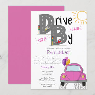 Drive-By-Baby-Party-Einladung Pinkes Auto für Mädc Einladung