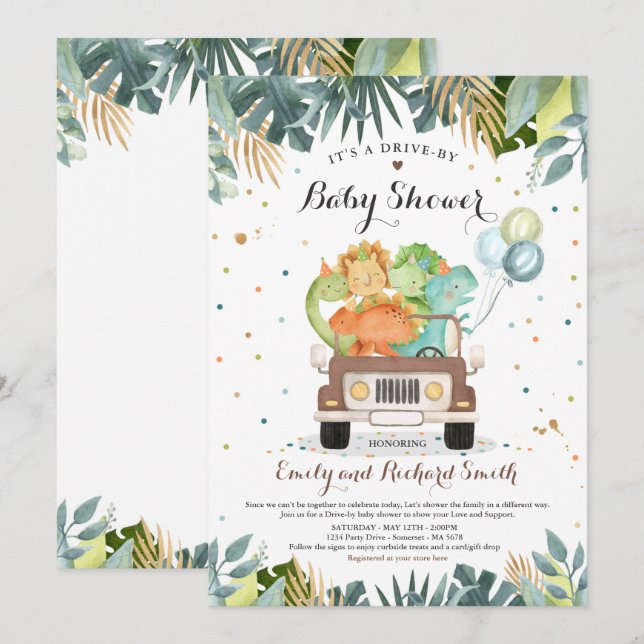 Drive by Baby Shower Einladung Dinosaurier Dusche (Vorne/Hinten)