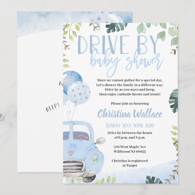 Drive By Baby Shower Invitations for Boys (Devant / Derrière)