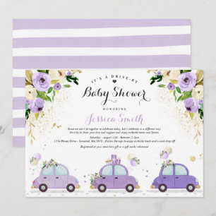 Drive by Baby Shower Lilac Gold Floral Baby Dusche Einladung