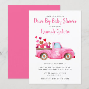 Drive by Baby Shower LKWadung Herz rosa Einladung