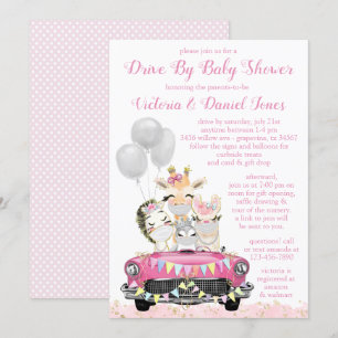 Drive-By-Baby-Shower Mädchen Süße Tiere im Auto Einladung