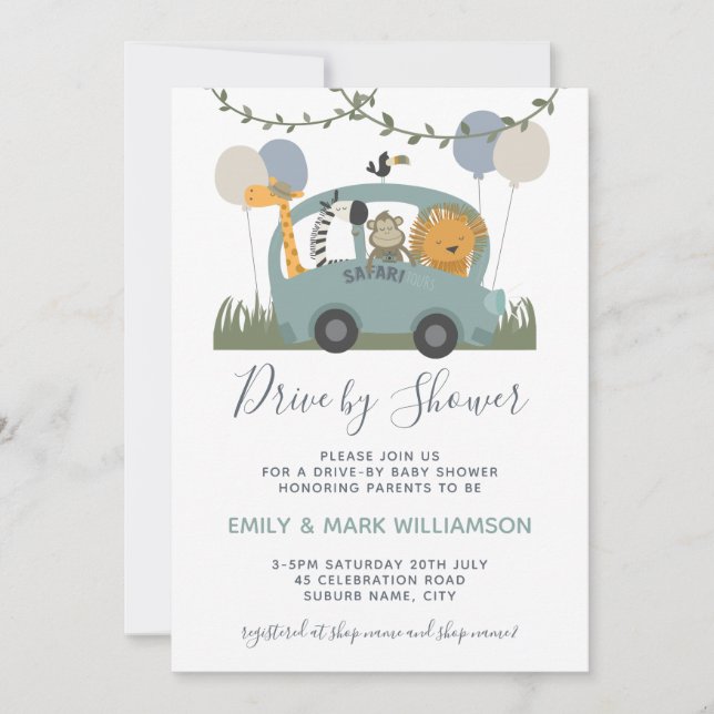 Drive by Baby Shower Safari Tiere Blue Boy Einladung (Vorderseite)