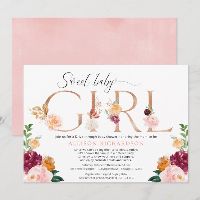 Drive-by-Babydusche Rose Gold bordeauxrot Einladung (Vorne/Hinten)