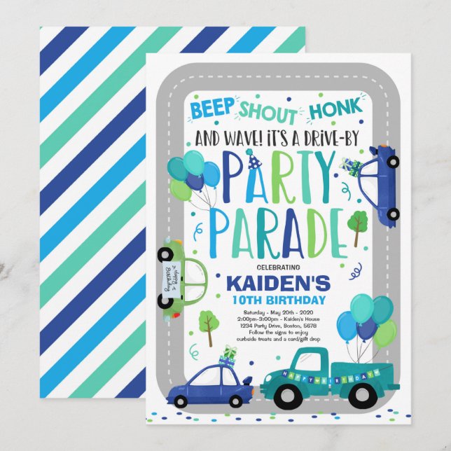 Drive by Birthday Parade Einladung Blue Parade (Vorne/Hinten)