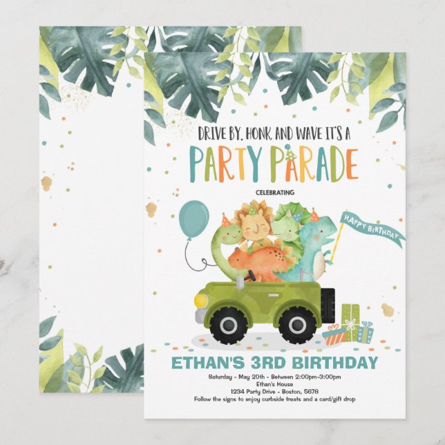 Drive By Birthday Parade Einladung Dinosaur Party (Vorne/Hinten)