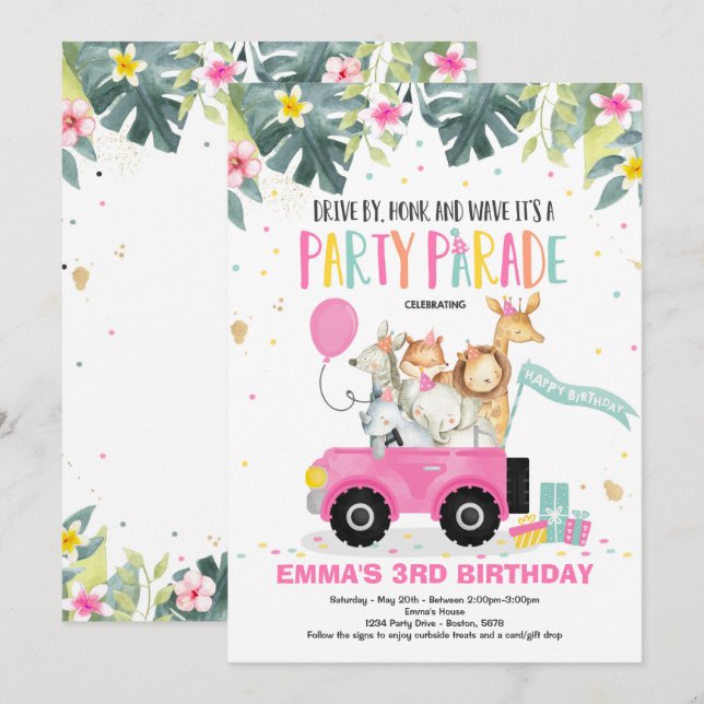 Drive By Birthday Parade Einladung Safari Party (Vorne/Hinten)