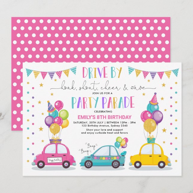 Drive By Birthday Parade Quarantine Party Girl Einladung (Vorne/Hinten)