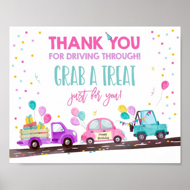 Drive By Birthday Party Girl Grab Leckerei Zeichen Poster (Vorne)