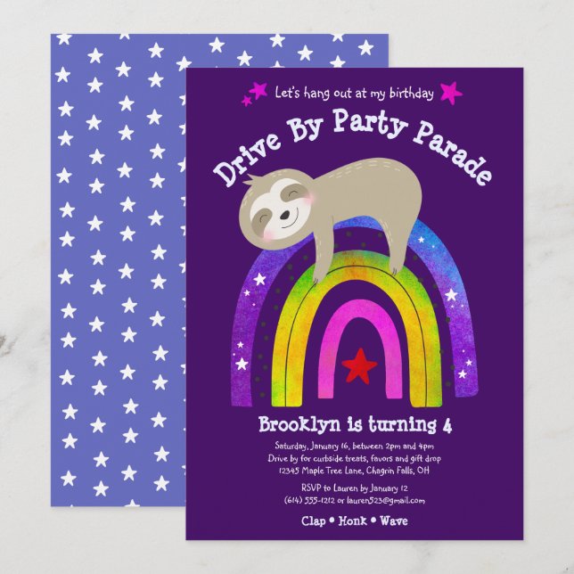 Drive By Birthday Sloth Modern Kawaii Boho Rainbow Einladung (Vorne/Hinten)
