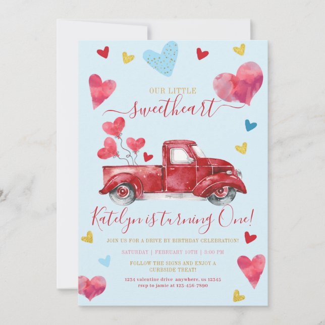 Drive By Blue Valentine Hearts Boy Birthday Einladung (Vorderseite)