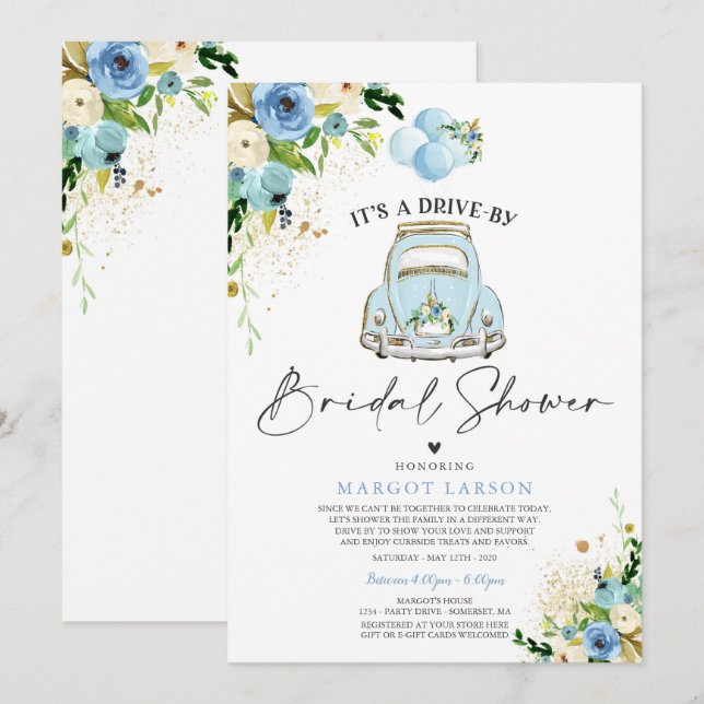 Drive by Bridal Dusche Einladung Blue Floral (Vorne/Hinten)