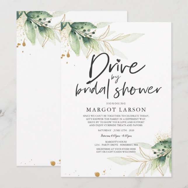 Drive by Bridal Dusche Einladung Grün & Gold (Vorne/Hinten)