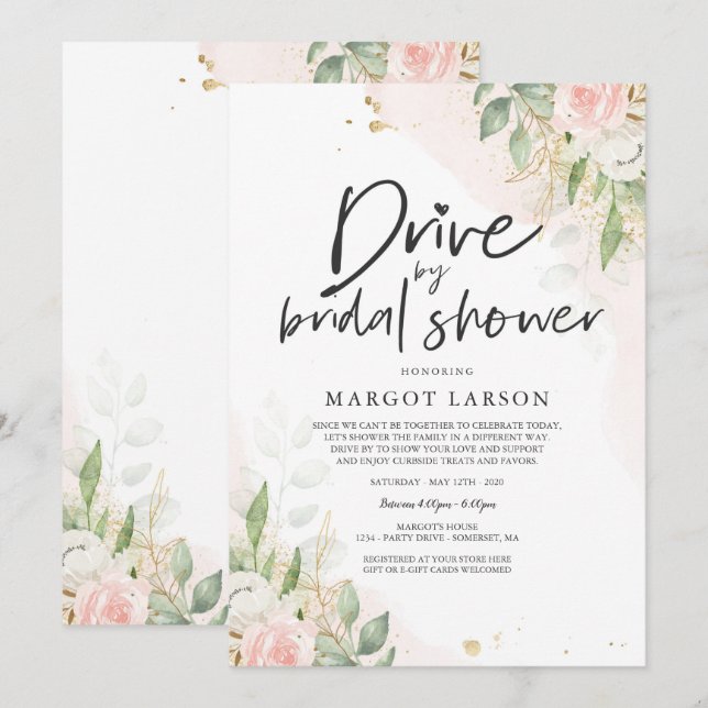 Drive by Bridal Dusche Einladung Grün & Gold (Vorne/Hinten)