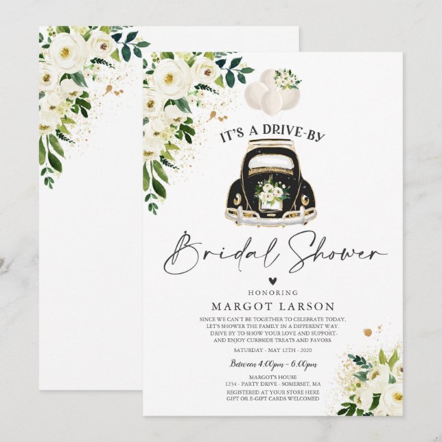 Drive by Bridal Dusche Einladung White Floral (Vorne/Hinten)