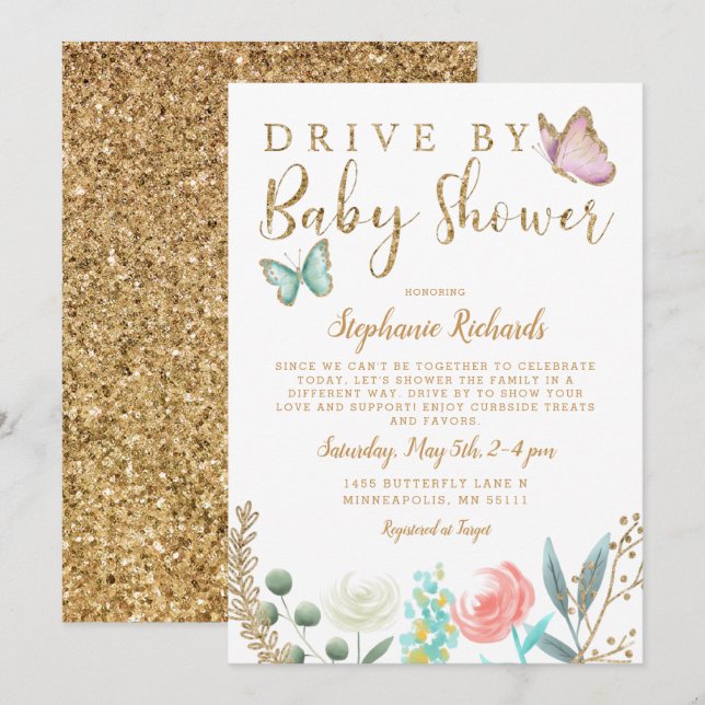 Drive by Butterfly Gold Baby Dusche Einladung (Vorne/Hinten)