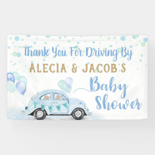 Drive by Car Boy Baby Dusche Danke Blue Gold Banner