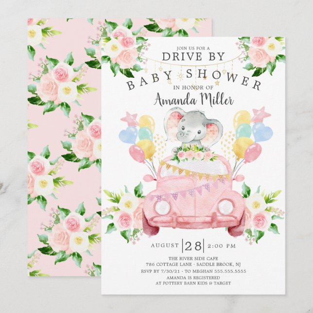 Drive by Elephant Girls Babydusche Einladung (Vorne/Hinten)
