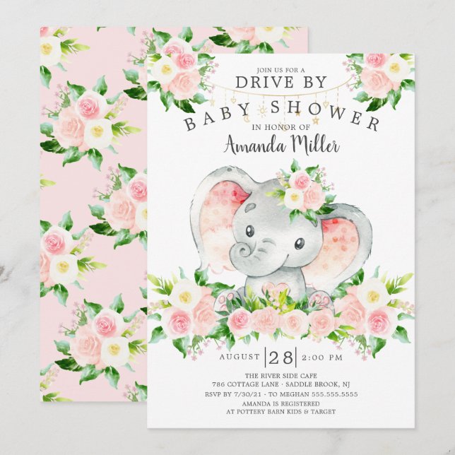Drive by Elephant Girls Babydusche Einladung (Vorne/Hinten)