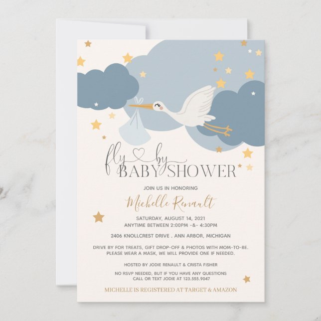 Drive by "Fly By" Stork Es ist eine Baby-Dusche Einladung (Vorderseite)