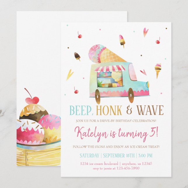Drive by Ice Cream Geburtstag Einladung (Vorne/Hinten)