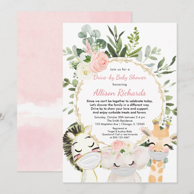 Drive-by-Mädchen Babydusche rosa niedliche Tiere Einladung (Vorne/Hinten)