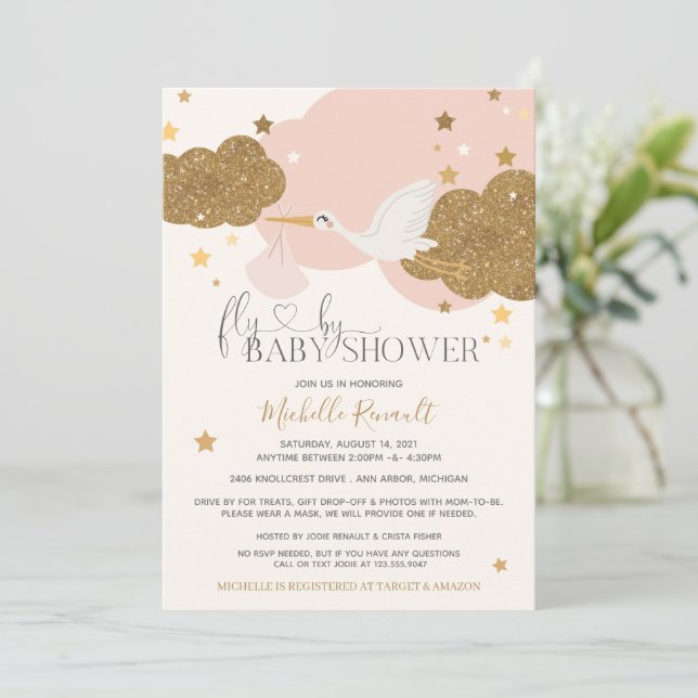 Drive-by/Mail Sonderlieferung Stork Baby Shower Einladung (Stehend Vorderseite)