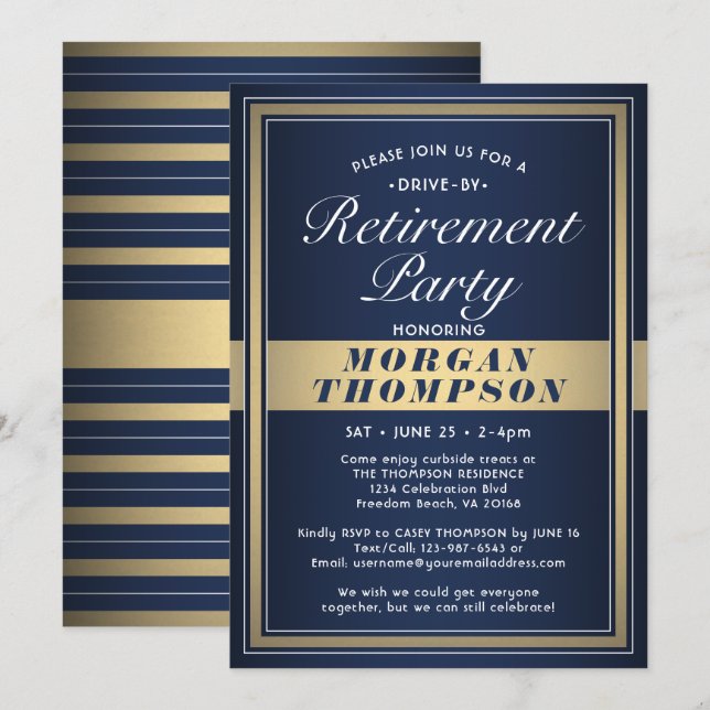 Drive-By-Rente Party Navy Blue White und Gold Einladung (Vorne/Hinten)