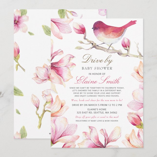 Drive by Sweet Bird Pink Floral Girl Baby Dusche Einladung (Vorne/Hinten)
