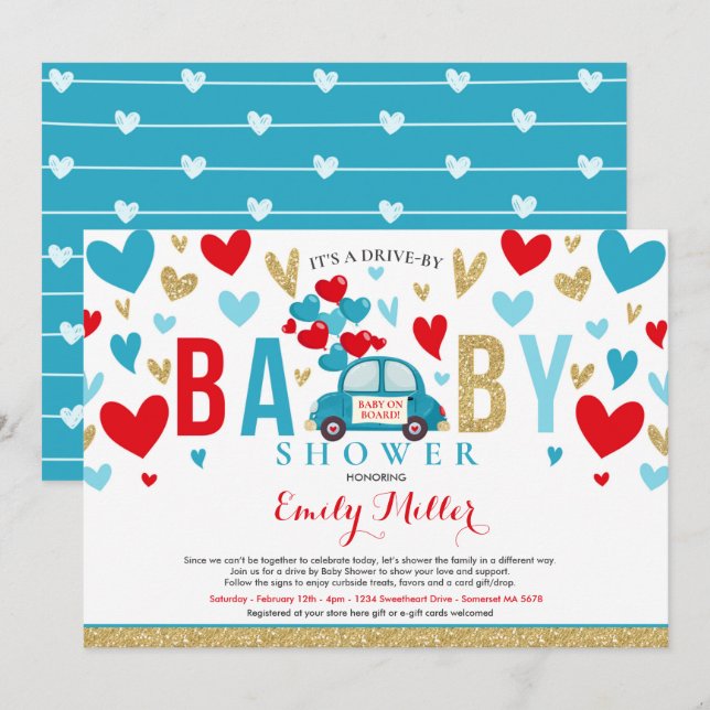 Drive by Valentine Baby Dusche Sweetheart Red Blue Einladung (Vorne/Hinten)