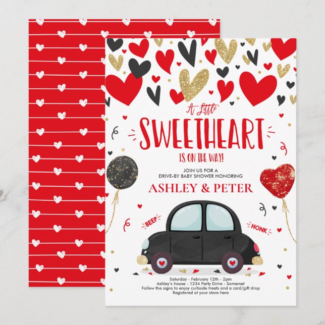 Drive by Valentine Baby Dusche Sweetheart Red Gold Einladung (Vorne/Hinten)