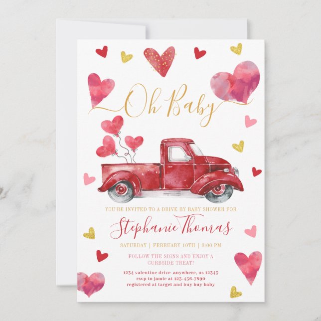 Drive By Valentine Baby Shower with Hearts Einladung (Vorderseite)