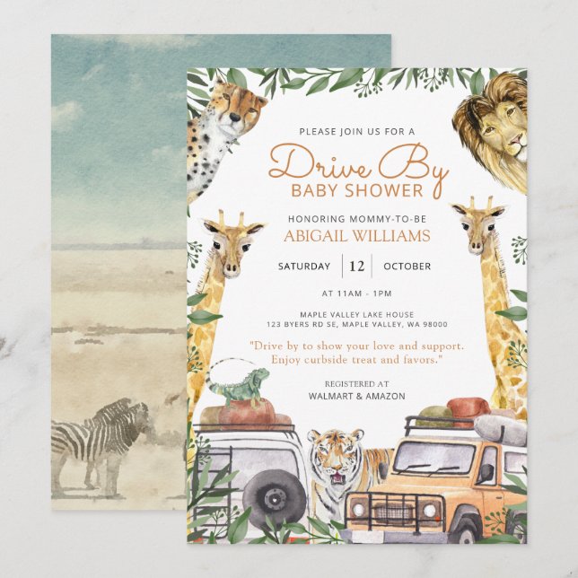 Drive-By Wild Safari Animals Baby Dusche Einladung (Vorne/Hinten)