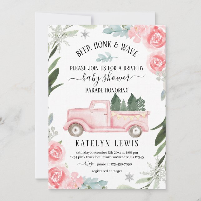 Drive By Winter Baby Dusche Einladung mit LKW (Vorderseite)