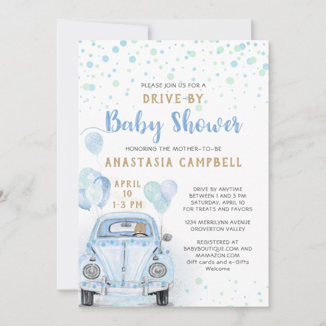 Drive Through Boy Baby Dusche Blue Car Gold Einladung (Vorderseite)