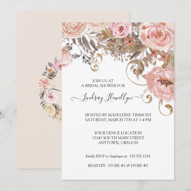 Drives Floral Boho Peach Rose Gold Brautparty Einladung (Vorne/Hinten)