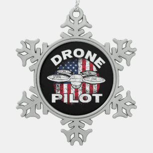 Drohne Pilot Multirotor-Quadcopter US-Flagge Schneeflocken Zinn-Ornament