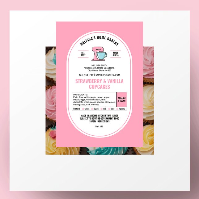 Droit du chalet Accueil Boulangerie Étiquette Femi (Feminine blush pink and white bakery labels with ingredients and allergens)