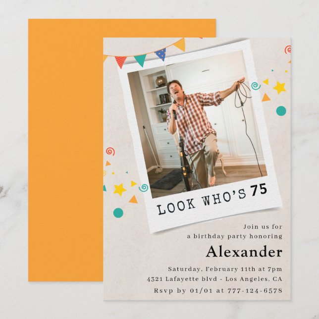 Drôle 75e anniversaire invitations Hommes Fun Phot (Devant / Derrière)
